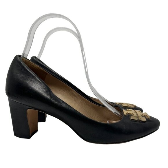 Tory Burch Black Leather T Logo Block Heel Slip On Pumps Size 8.5M